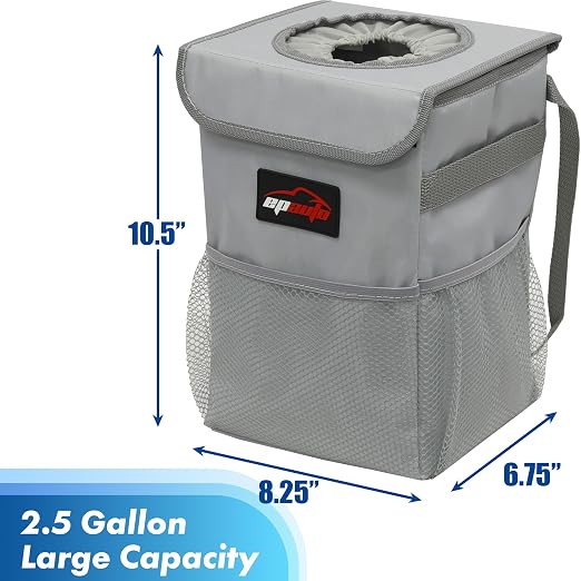 EPAuto Waterproof Car Trash Can with Lid and Storage Pockets, 2.5 Gallon Leakproof, Gray