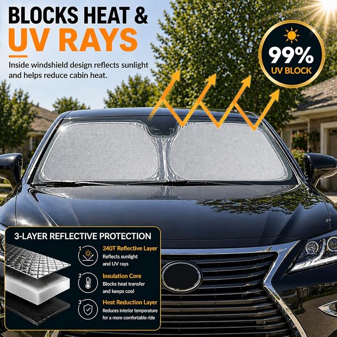 Lexus GS GX LS Windshield Sun Shade, Custom Fit Foldable Front Window Sunshade Protector, Blocks UV Rays and Heat, Fits 1990–2025 Models
