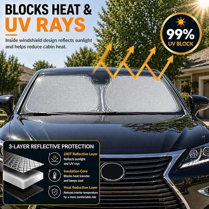 Lexus GS GX LS Windshield Sun Shade, Custom Fit Foldable Front Window Sunshade Protector, Blocks UV Rays and Heat, Fits 1990–2025 Models