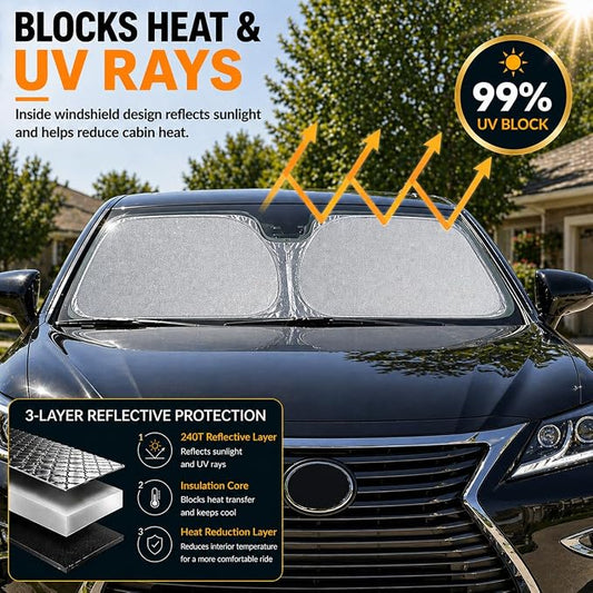 Lexus GS GX LS Windshield Sun Shade, Custom Fit Foldable Front Window Sunshade Protector, Blocks UV Rays and Heat, Fits 1990–2025 Models