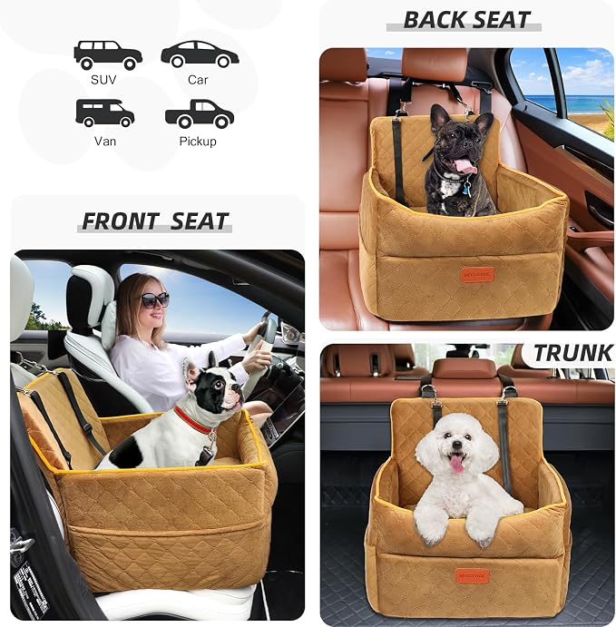 HEGGCOOE Dog Car Seat for Small Medium Dogs, Memory Foam Dog Booster Seats with Thick Cushion for Dogs Under 35lbs, Detachable Washable Pet Car Seat Travel Bed with Storage Pockets,2 Safety Belt