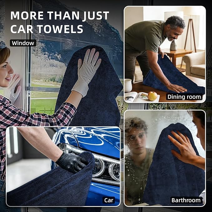 2-Pack 24" x 36" 11.8" x 11.8" Twisted-Loop Car Drying Towel 1500GSM Microfiber Cleaning Cloth for Car Trucks Motorcycles Streak Free Lint Free Ultra Absorbent Washing Cloth for Kitchen Window (Blue)
