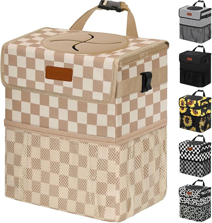 Vankor Car Trash Can Bin with Lid Hanging for Back Seat, Car Accessories for Women Men Leak Proof Automotive Garbage Cans Leakproof Vehicle Trash Can for Truck SUV,Khaki Checkered
