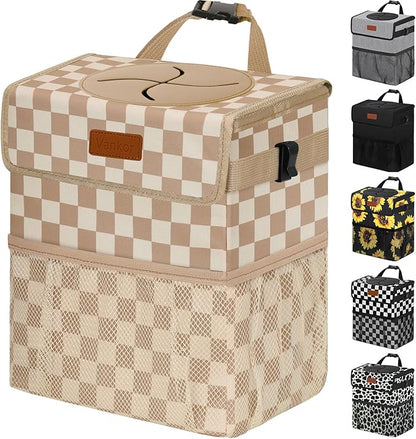 Vankor Car Trash Can Bin with Lid Hanging for Back Seat, Car Accessories for Women Men Leak Proof Automotive Garbage Cans Leakproof Vehicle Trash Can for Truck SUV,Khaki Checkered