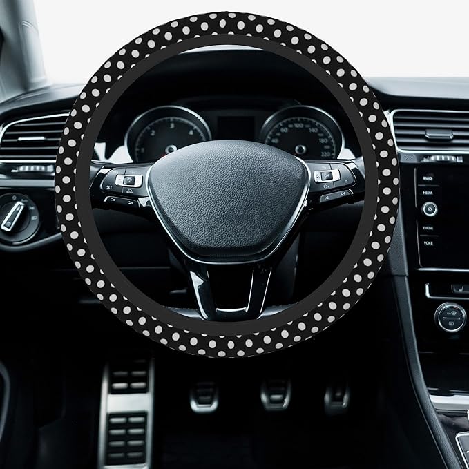 Car Steering Wheel Cover, 14.5"-15" Inch Universal Anti-Slip DurableSteering Wheel Protective Cover, Breathable Auto Interior Decoration Accessories for Sedan SUV Truck (Black White Polka Dot)