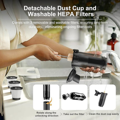 Car Vacuum Portable Cordless,25,000Pa Handheld Vacuum Cordless,70-Min Extra-Long Battery Life,Fantastic Suction, HEPA Filters, Maneuverable, Versatile Crevice Tools,for Car and Home, Black