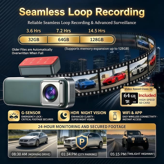 4K Dash Cam Front and Rear with GPS WiFi, Dual Car Camera for Uber Lyft Taxi Drivers, 64GB Card, 4K+1080P, HDR Night Vision, 3.19" IPS Screen, Parking Mode, Loop Recording