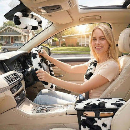 5 Pcs Fuzzy Animal Print Car Accessories Set, Soft Fluffy Plush Steering Wheel Cover, Center Console Armrest Pad & Rearview Mirror Cover - Interior Decorations for Women,Universal Fit (Cow Print)
