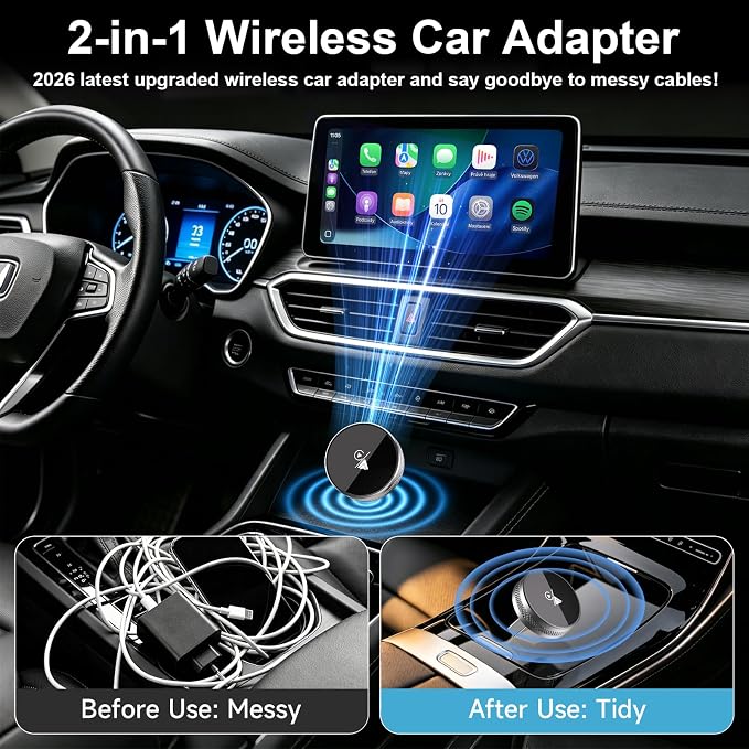 2-in-1 Wireless CarPlay & Android Auto Adapter, CarPlay Dongle Convert Wired to Wireless, Bluetooth & Wi-Fi, Plug & Play, Zero Latency, Compatible with USB/USB-C(Silver)