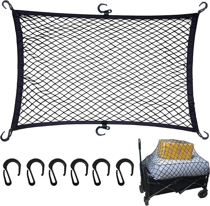 Cargo Net for Utility Folding Wagon, Beach Cart,Trolley Cart, Cover,Garden Cart Cover - Elastic Heavy Duty Nylon Net with 6 Hooks - Outdoor Wagon Accessories (35.5"×23.6" to 71"×47")(6)