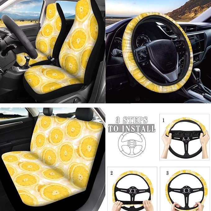 Cute Lemon 10 Piece Car Accessories Set, Yellow Lemon Slice Universal Steering Wheel Cover Orange Fruit Front Seat and Rear Bench for Truck SUV Sedan, Car Decor