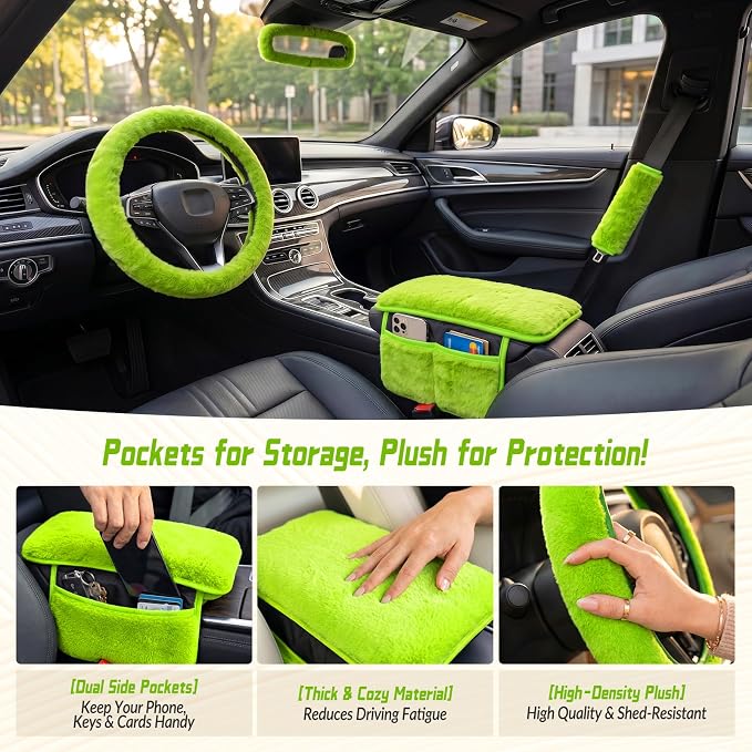 5 Pcs Fuzzy Green Car Accessories Set, Soft Fluffy Plush Steering Wheel Cover, Center Console Armrest Pad & Rearview Mirror Cover - Interior Decorations for Women,Universal Fit (Green)
