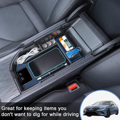 TOPINSTALL Blue Center Console Tray Compatible with 2018-2024 Toyota Camry XLE XSE and 2020-2023 2024 Camry LE SE with Dual USB Ports, Interior Accessories Armrest Console Organizer (Not for 2025)