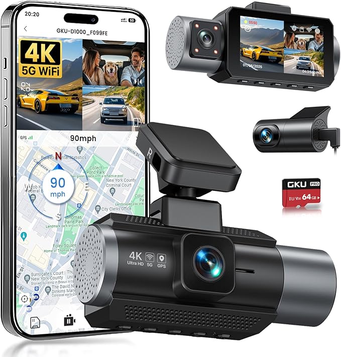 GKU 4K 3 Channel Dash Cam Front and Rear Inside, 3" IPS Screen, 5.8GHz WiFi Dash Camera for Cars, Built-in GPS, G-Sensor, 64GB Card Included, 24H Park Mode