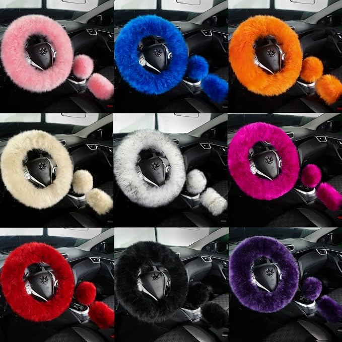 Fuzzy Genuine Sheepskin Steering Wheel Cover Set for Women Parents-Fluffy Soft Australian Merino Wool Wrap with Gear Shift and Hand Brake Covers, Cozy Stylish Luxury Car Accessories (Dark Purple)