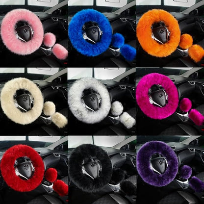 Fuzzy Genuine Sheepskin Steering Wheel Cover Set for Women Parents-Fluffy Soft Australian Merino Wool Wrap with Gear Shift and Hand Brake Covers, Cozy Stylish Luxury Car Accessories (Lavender Purple)