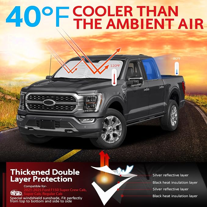 KAYZT Windshield Sun Shade for Ford F150 2021-2025 2026 Super Crew Cab, Super Cab, Regular Cab Foldable Sunshade Front Window Custom Fit Accessories