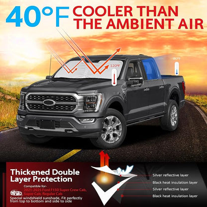 KAYZT Windshield Sun Shade for Ford F150 2021-2025 2026 Super Crew Cab, Super Cab, Regular Cab Foldable Sunshade Front Window Custom Fit Accessories