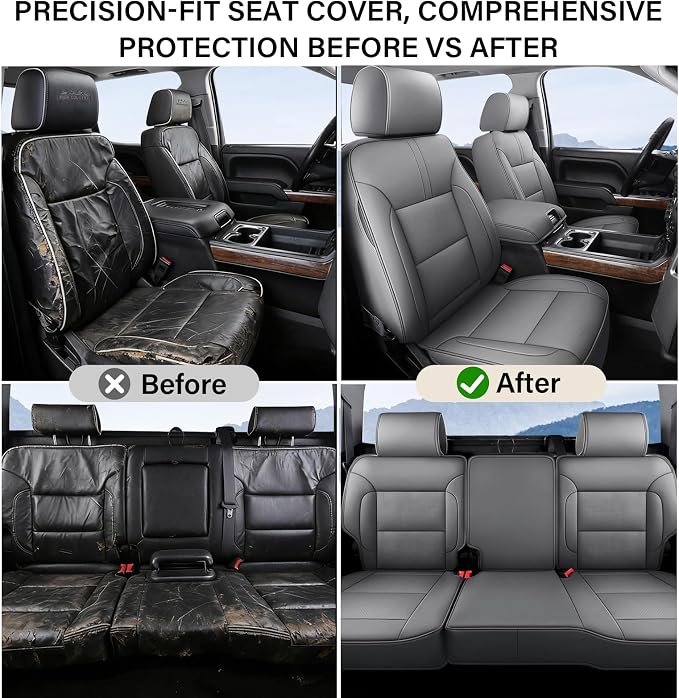Coverado Chevy Silverado Seat Covers Full Set, Faux Leather Car Seat Covers Fit for 2014-2018 1500, 2015-2019 2500HD 3500HD Chevy Silverado GMC Sierra Crew Double Extended Cab (Gray)