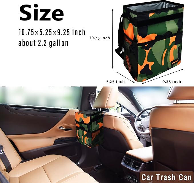 SIBOFUEGO Cute Car Trash Can with Lid – Multipurpose Collapsible Trash Bin for Car, Leak-Proof Organizer, Waterproof Garbage Can with Storage Pockets & Adjustable Straps, 2 Gallons (Camo Orange)