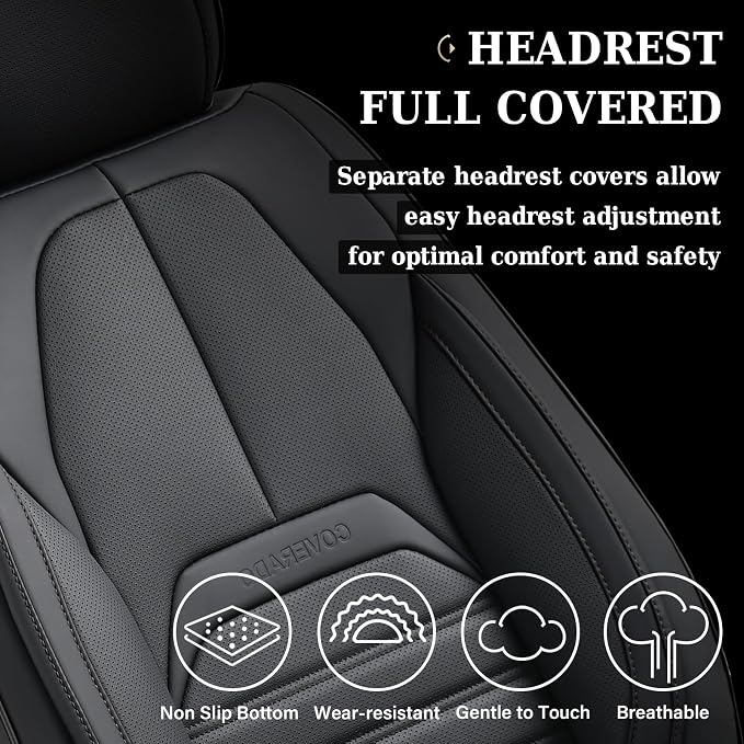 Coverado Car Seat Covers Full Set, Black Seat Covers for Cars, Automotive Seat Covers, Waterproof Nappa Leather Front Seats and Back Car Seat Protector, Universal Fit for Most Cars SUV Trucks