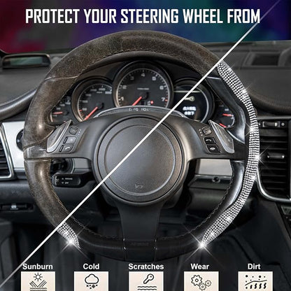CAR PASS Bling Diamond Segmented Steering Wheel Cover with Crystal Rhinestones, 2PCS Wheel Protector Non-Slip Cute Car Accessories Universal Fit D-Shape O-Shape 14.5" to 16" for Women, Silver Diamond