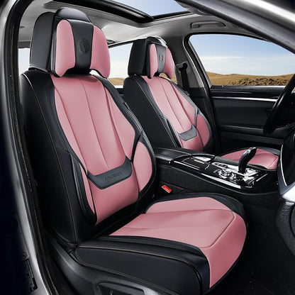 Coverado Universal Seat Covers Front, Universal Seat Covers for Cars, 2-Pack Waterproof Nappa Leather Car Seat Covers with Head Pillow, Auto Protectors Fit for Most Sedans Pick-up Truck-Black&Pink