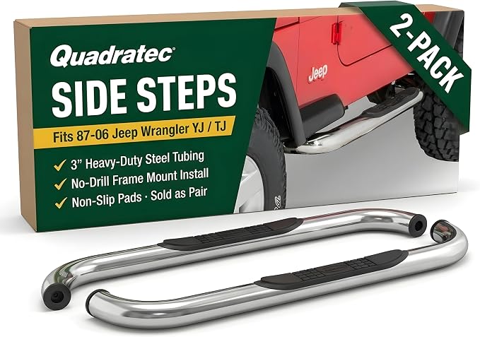 Quadratec QR3 Heavy Duty Side Step, Set of 2, Stainless Steel - Fits Jeep Wrangler YJ & TJ 1987-2006 - Non-Slip Nylon Pad Running Boards - Round 3" Diameter Mandrel Bent Tube