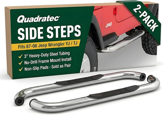 Quadratec QR3 Heavy Duty Side Step, Set of 2, Stainless Steel - Fits Jeep Wrangler YJ & TJ 1987-2006 - Non-Slip Nylon Pad Running Boards - Round 3" Diameter Mandrel Bent Tube