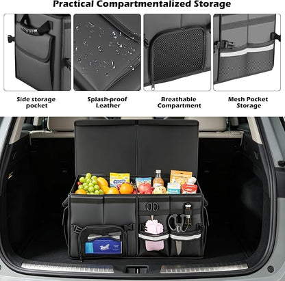 Trunk Organizer Car Organizer Leather Storage Box Foldable Trunk Organizer for SUVs & Sedans Sturdy Car Organization for Car Accessories, Tools, Sundries, Collapsible and Adjustable, 23.6 Inch
