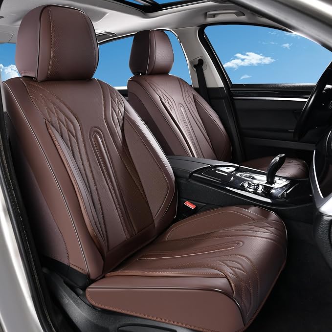 Huidasource Coffee Seat Covers Full Set, Universal Fit for Most Cars Trucks SUV, Full Coverage Leather Seat Cover, Airbag, Cupholder Compatible, Velcro Adjustable, Heaating/Cooling Function Retain