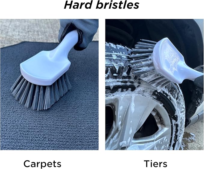 Short Handle Car Wheel and Tire Brush | Auto Detailing Car Wash Brush | Deep Cleaning Brush for Tires, Rims, Wheel Wells, Carpets, and Upholstery | Soft Bristles and Stiff Bristles | Pack of 2