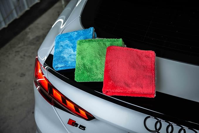 Autofiber Royal Plush Double Pile Microfiber Detailing Towel - Pack of 3, Green/Gray (16 inch x 16 in, 700 GSM)