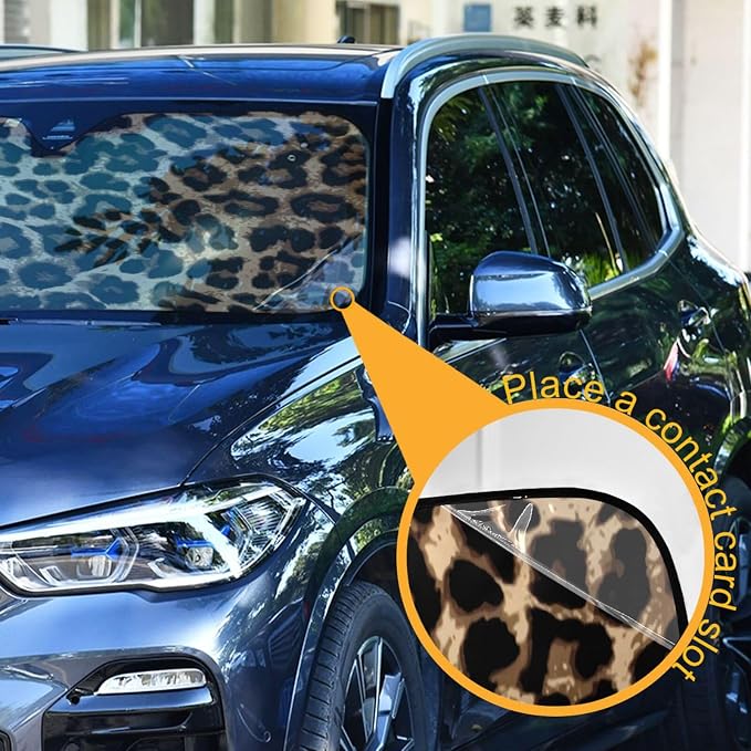 Leopard Print Car Windshield Sun Shade Foldable UV Ray Sun Visor Protector Sunshade to Keep Your Vehicle Cool (51" x 27")