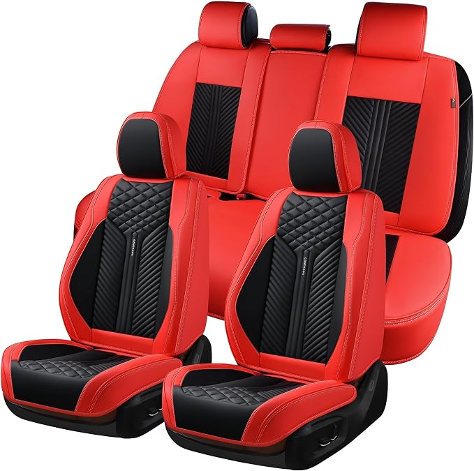 Coverado Car Seat Covers Full Set, 5 Seats Leather Seat Covers for Cars, Waterproof Front and Rear Car Seat Cushions Protectors Universal Fit Most Vehicles (Black&Red)