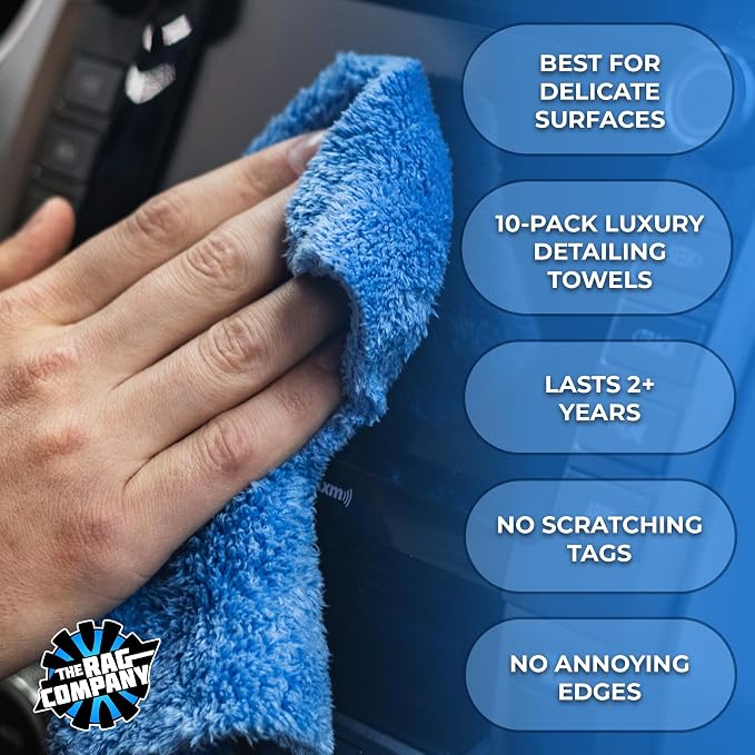 The Rag Company - The Eaglet 500 - Professional Korean 70/30 Blend; Super Plush Microfiber Detailing Towels; Perfect for Wheels, Mirrors, and More; 500GSM; 8inx8in, Blue (10-Pack)