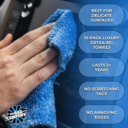 The Rag Company - The Eaglet 500 - Professional Korean 70/30 Blend; Super Plush Microfiber Detailing Towels; Perfect for Wheels, Mirrors, and More; 500GSM; 8inx8in, Blue (10-Pack)