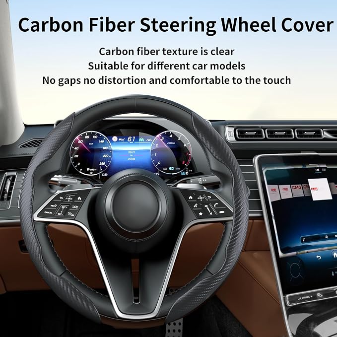 Carbon Fiber Steering Wheel Cover, 2-Piece Set Anti-Skid Comfortable Grip Segmented Butterfly Design, Easy Snap-On Installation Universal Fit 99% Cars, Black