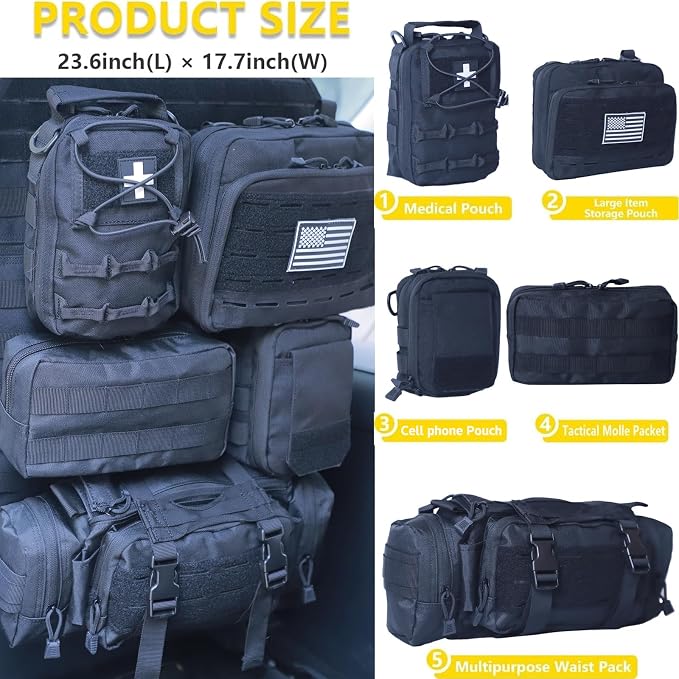 Universal Tactical Car Seat Back Organizer Bag Tactical Molle Vehicle Organizers Panel Vehicle Protector Organizers with 5 Detachable Pouches for Car Truck Ford Jeep (Upgraded C model Black)