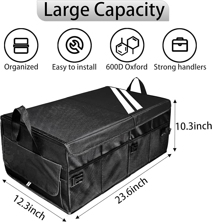 YOSRTER for Dodge Charger Durango Challenger Ram Car Trunk Organizer Collapsible Storage Box with Handle Foldable Lid Non Slip Bottom Sturdy Base Panel 2 Compartment White Trim