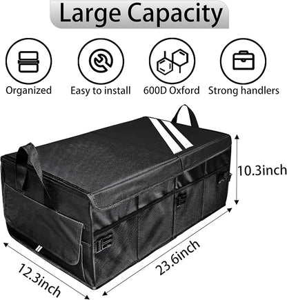 YOSRTER for Dodge Charger Durango Challenger Ram Car Trunk Organizer Collapsible Storage Box with Handle Foldable Lid Non Slip Bottom Sturdy Base Panel 2 Compartment White Trim