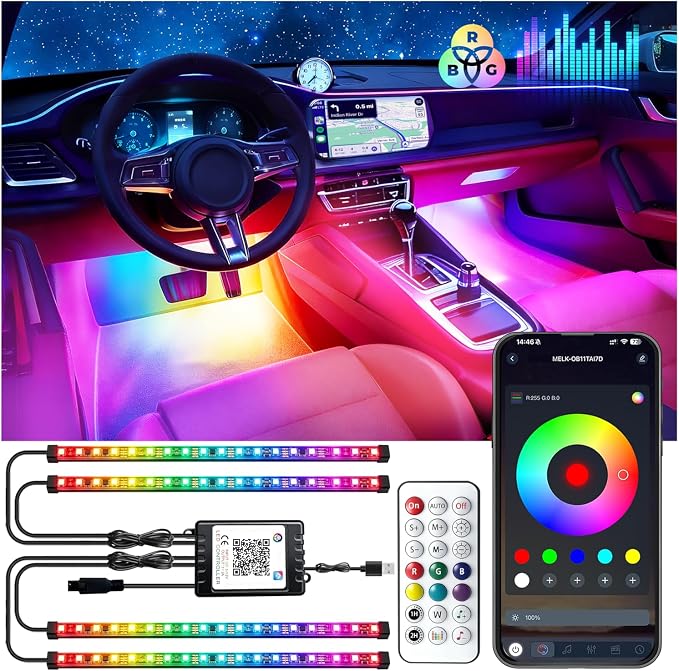 RGB-IC Car LED Interior Strip Lights with Remote Control, Dream Color APP Control Car Inside Ambient Lighting, Multicolor USB Footwell Under Dash Neon Light Kits for Cars,SUVs,ATV,Truck, DC5V