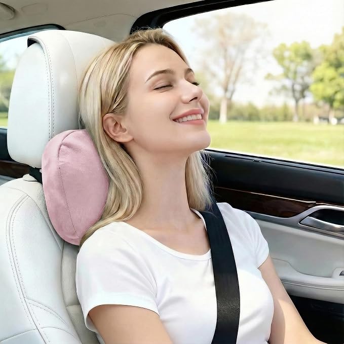 2PCS Car Pillow for Car Neck Pillow for Driving Seat Neck Support Soft Cushion Back Support Head-Rests for Vehicle Sleeping with Elastic Adjustment Strap (Light Pink, Head)
