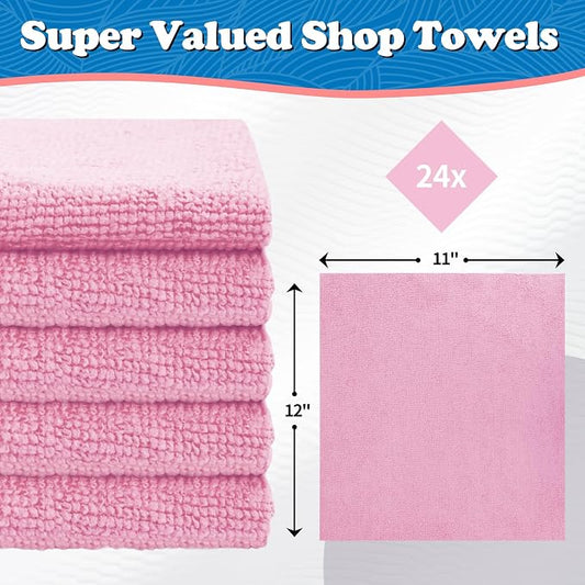 FIXSMITH Microfiber Cleaning Cloth, Shop Towels Bulk, 24 Pack Pink Microfiber Towels for Cars, All-Purpose Absorbent Cleaning Rags, Dust Cloth for Automotive, Mechanic, Garage, Bar, 12 x 11 inch