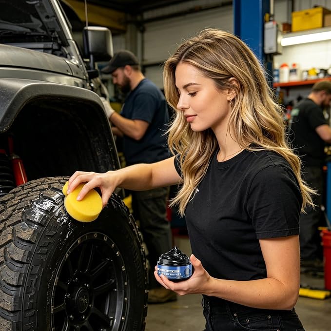 Car Tire Shine - 50g, Long Lasting Nourish Wax with Sponge | Tire Paste for Blackening, Durability, and Maintenance, Car Motorcycle Gloss Protection Detailing
