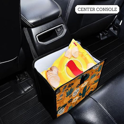 Car Trash Can Organizer Bin with Adjustable Strap for Back Front Seat Console Waterproof Leakproof Collapsible Portable 11 Inch Orange Day Of The Dead Skull Cacti