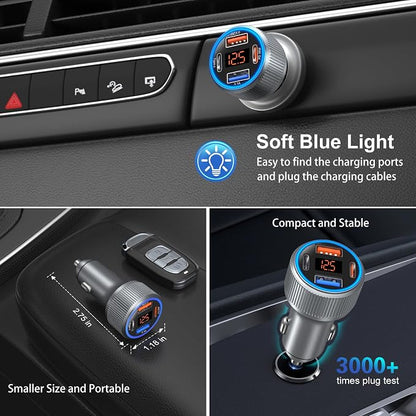 USB C Car Charger, 3 Pack 65W 12V Car Charger Adapter Multi Port QC 3.0+PD 30W Super Fast Cigarette Lighter Adapter Plug with Voltage Meter for iPhone 16/15/14/13/12/11 Pro Max,Samsung,Android(Gray)