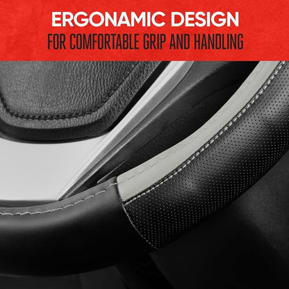 Motor Trend SportDrive Faux Leather Steering Wheel Cover, Standard 15 inch Size, Two-Tone Black & Light Gray, Car Steering Wheel Cover for Truck Van SUV Auto