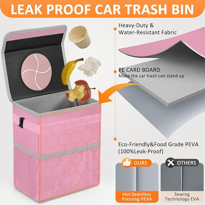 Vankor 3 Gallons Car Trash Can with Lid, Car Trash Bag Bin Hanging Waterproof Automotive Garbage Cans Leak Proof Vehicle Trash Can Pink
