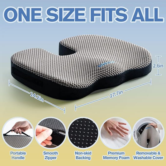 Mureon Office Chair Cushion - Large Memory Foam Ergonomic Chair Cushion for Back & Hip Pressure Relief - Non-Slip Seat Cushion for Car, Desk Chair & Tailbone Pain - Soft Support - Grey